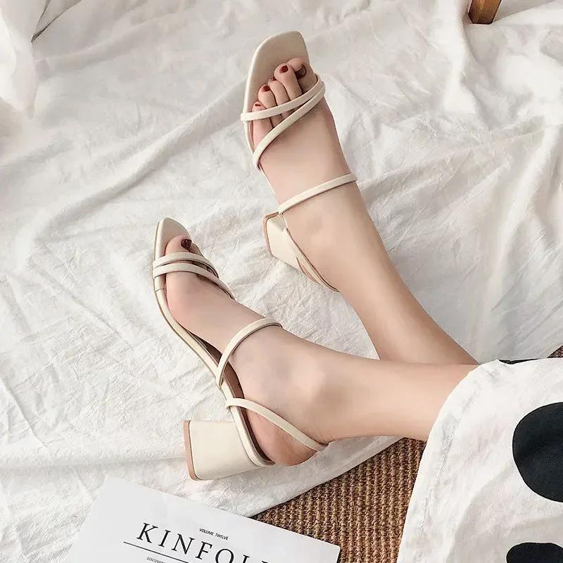2025 Summer New Women's High Heel Sandals Square Heel Open Toe Ankle Strap Casual Wedge Ladies Sandalias