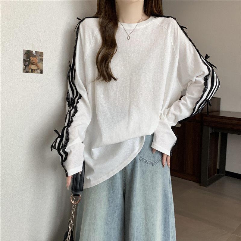 Casual O Neck Long Sleeve T-shirt Lace Patchwork Loose Bow Women Clothing Korea Mid-length Slim Tops