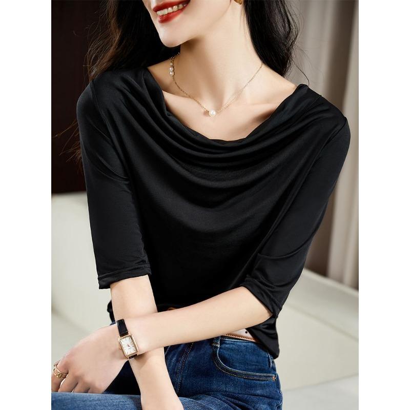 New Summer Mid-sleeve Style Half-sleeved Pile Collar T-shirt Feminine Fashionable and Age-reducing Top for Women