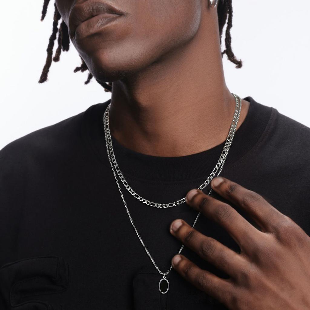 Vnox Stylish Mens Geometric Necklace with Black Enamel, Stainless Steel Metal Double Layered Chain Collar, Unique Gifts for Men