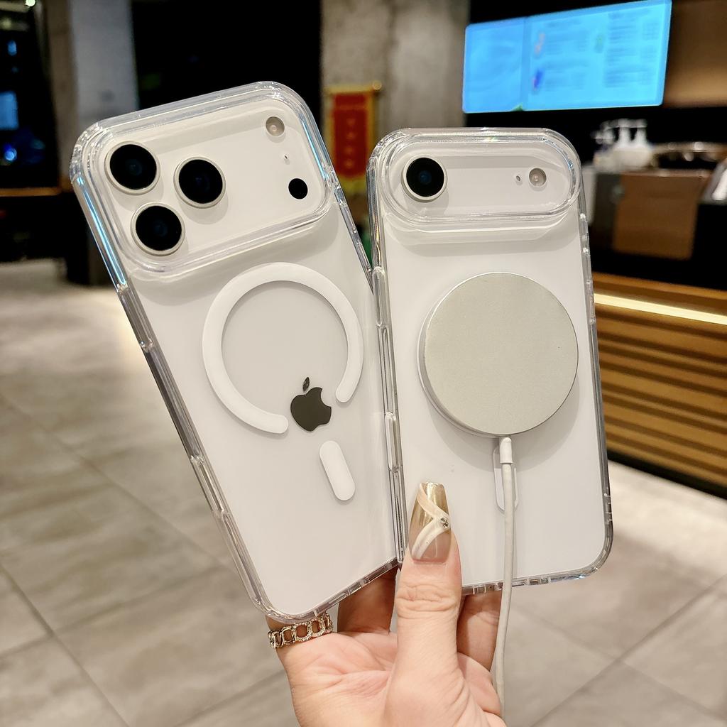 מארז טלפון מגנטי שקוף יוקרתי עבור MagSafe עבור iPhone 17 16 Plus Pro Max כיסוי טעינה אלחוטית עם כפתור מגע למצלמה