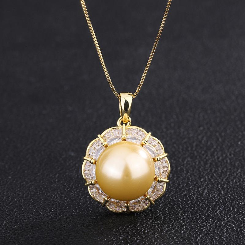 New European and American retro inlaid yellow pearl gold pendant necklace ring stud earrings temperament women's suit