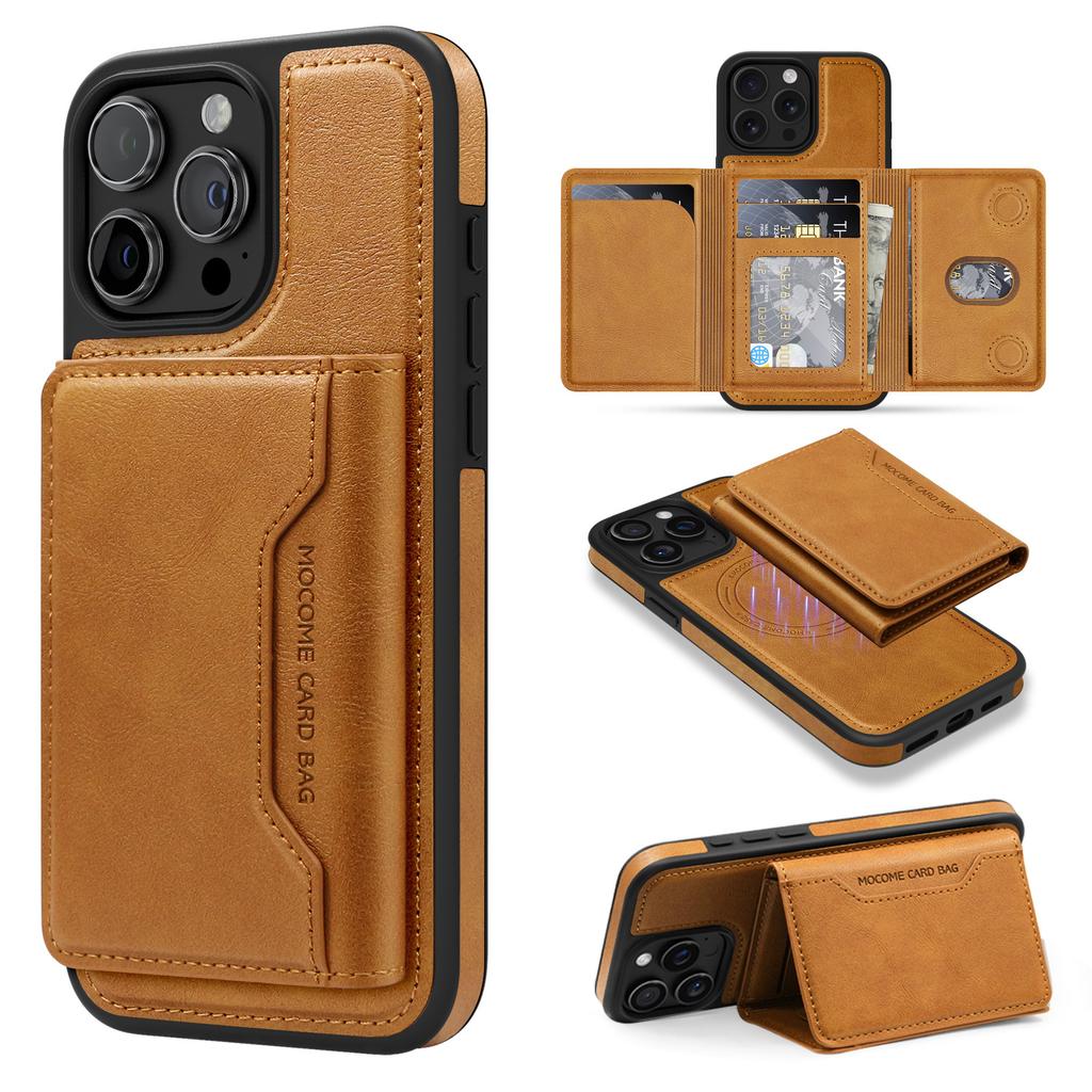 For iPhone 15 Pro Magnetic Case Leather Back Phone Cover with Detachable Card Bag