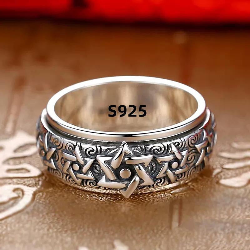 Rotatable S925 Silver Ring for Men Vintage Retro Stars Auspicious Cloud Couple Band Women Index Finger Accessories