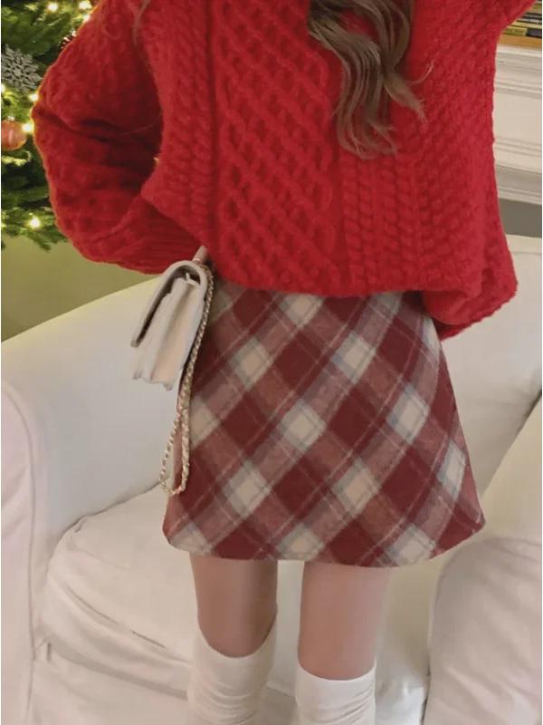 Korean-Style Retro Plaid Wool A-Line Skirt for Women, 2024 - High-Waisted, Slim Fit, Large Sizes Available