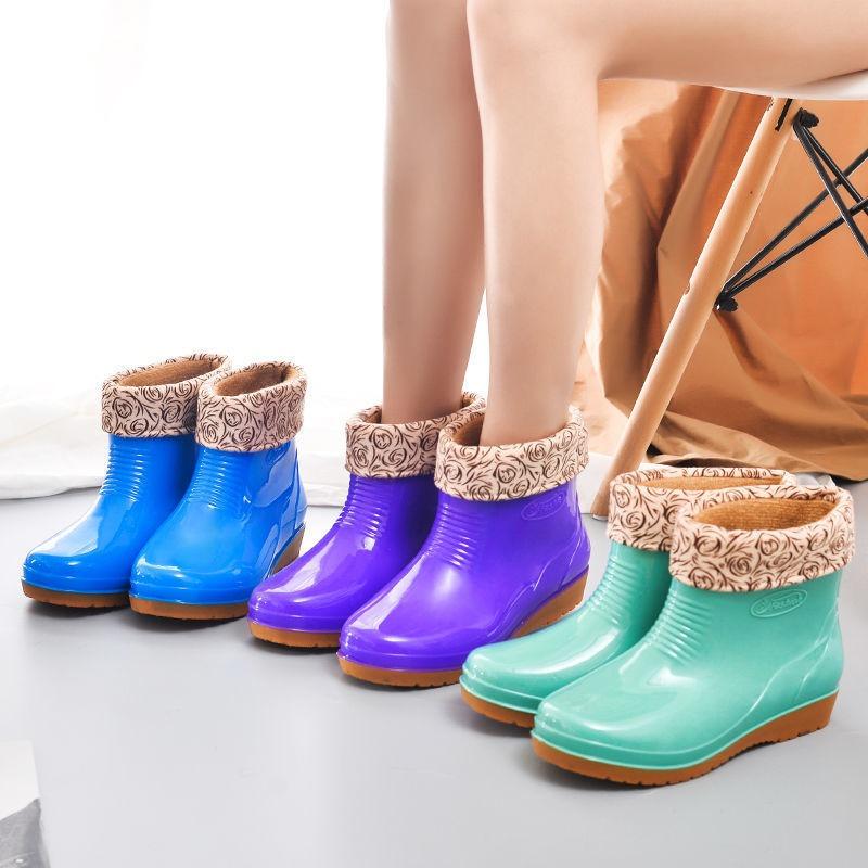Rain shoes female adult fashion trend water boots water shoes non-slip waterproof velvet cotton thermal short tube platform rain boots four seasons
