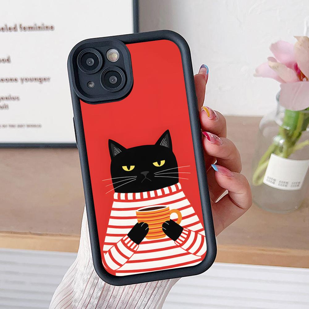 Cute Coffee Cat Thicken TPU Mobile Phone Case for iPhone 17 16 15 14 13 12 11 Air Pro Max Plus Colorful Cover