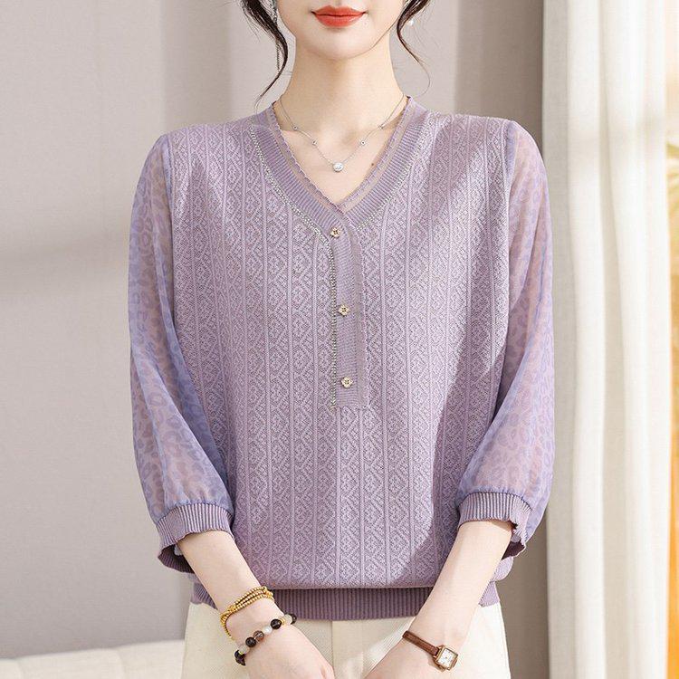 Chic V-Neck Hollow Knit T-Shirt for Middle-Aged Women - Loose, Comfortable Casual Top