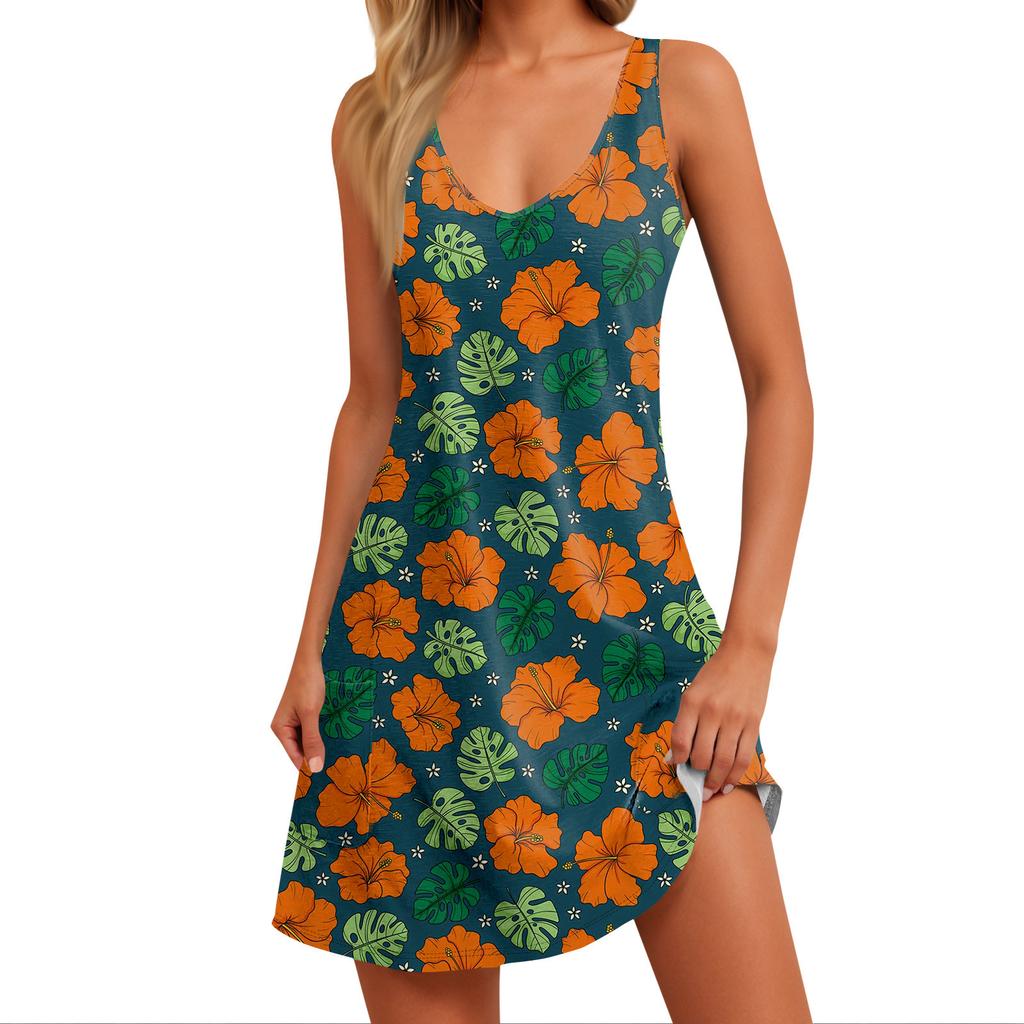 Women's Summer Casual Hawaiian Printed Tank Top With Pocket Dress