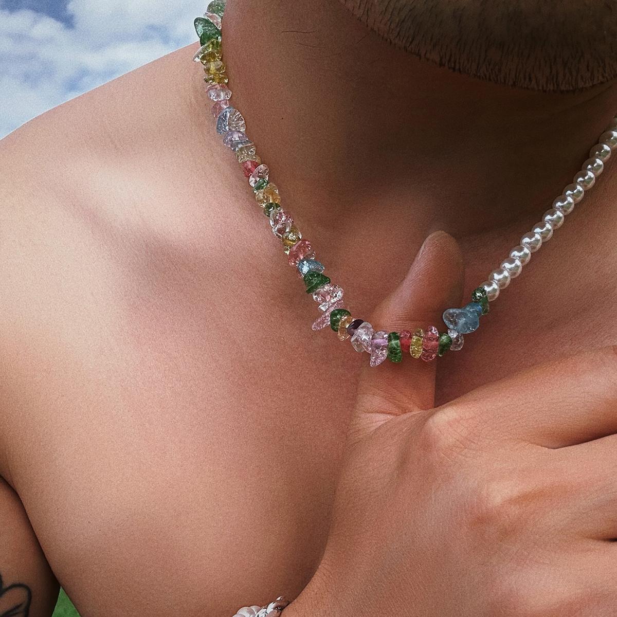 

Asymmetrical Imitation Pearl and Colorful Stone Beads Short Choker Necklace for Men Trendy Bohemia Summer on Neck Accessories