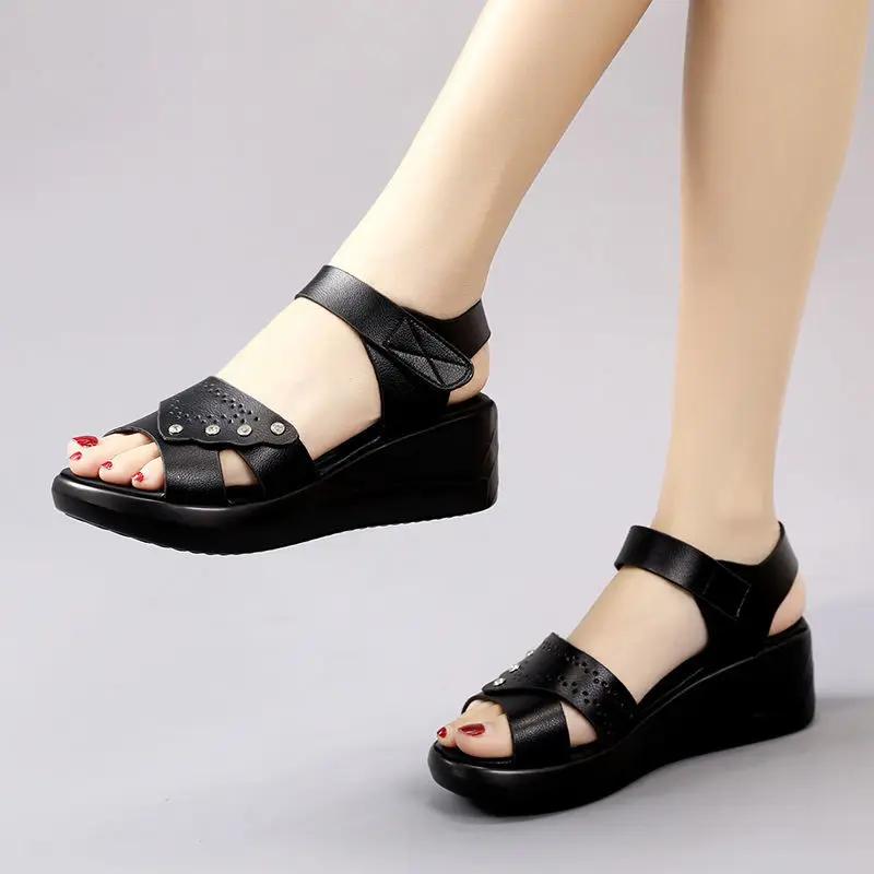 Fashion Wedges Heel Ladies Shoes Brown Leather No Summer 2024 Flat Rubber Footwear Sandals for Women Open Toe Outdoor Shoe Vip Sandal F