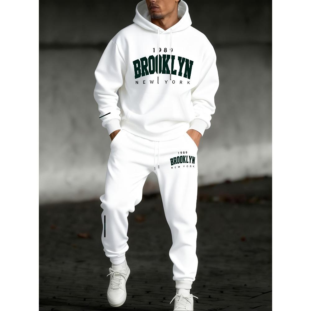 Set Casual alla Moda da Uomo in 2 Pezzi con Felpa con Cappuccio e Coulisse con Stampa Bandiera a Lettere e Pantaloni Sportivi da Esterno con Coulisse, Set Cool