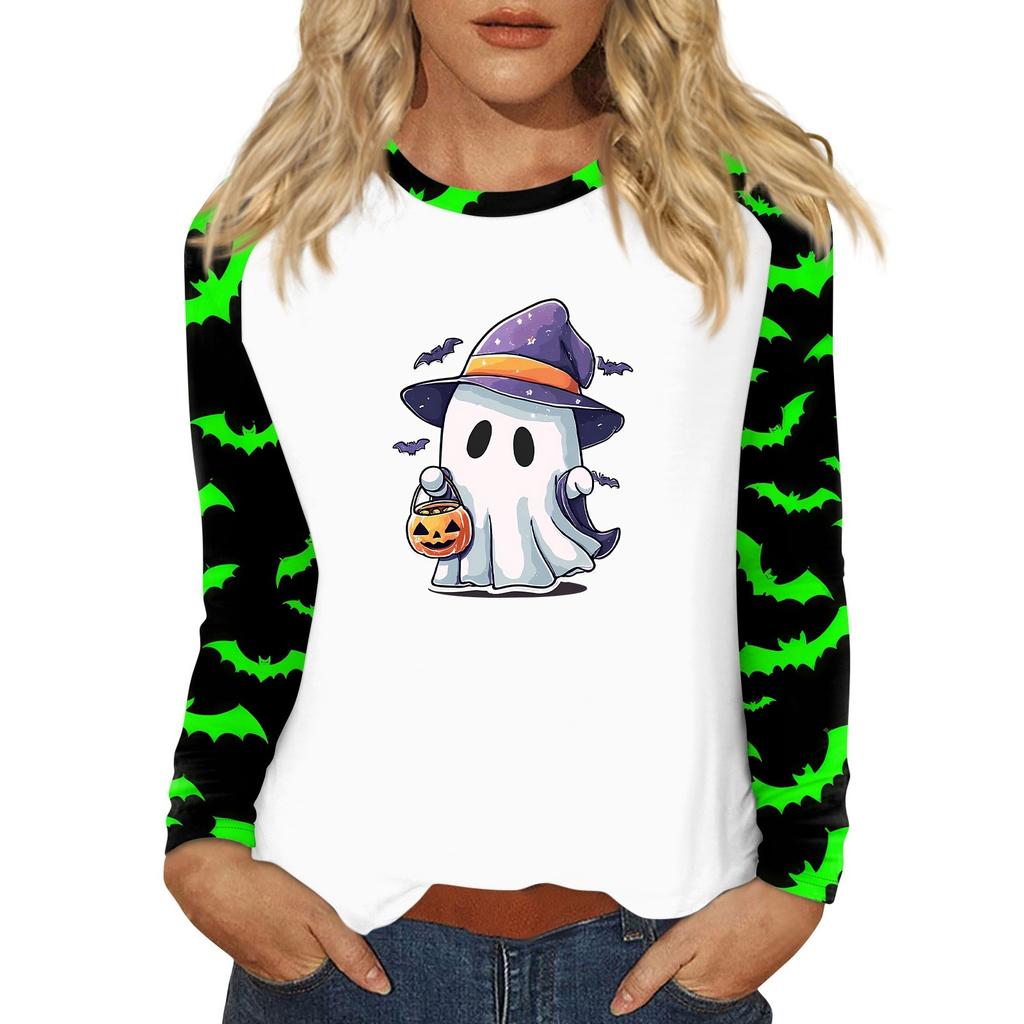 Women's T Shirt Halloween Print Long Sleeve Daily Fashion Basic Round Neck Raglan Sleeve Top