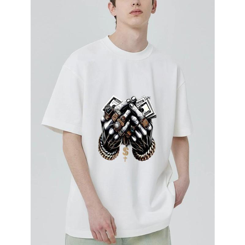Black T-Shirt with Money and Chain Hands Print for Streetwear Fashion