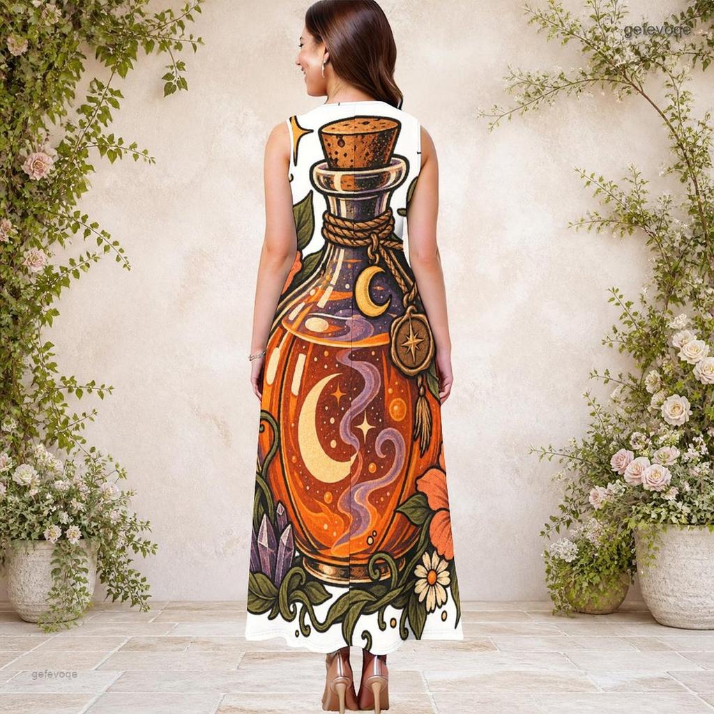 Women s Plus Size Sleeveless Keyhole Neck Halloween Ghost Pumpkin Printed White Long Dress