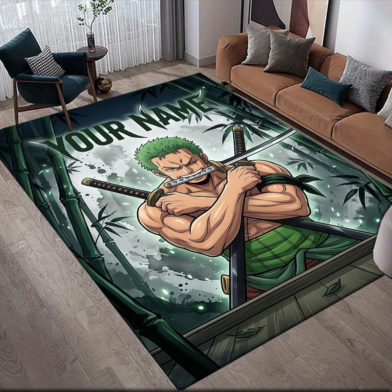 Custom Name,Roronoa Zoro Home Sofa Decoration for Living Room & Bedroom, Non‑Slip Play Flannel Floor Mat for Game Room