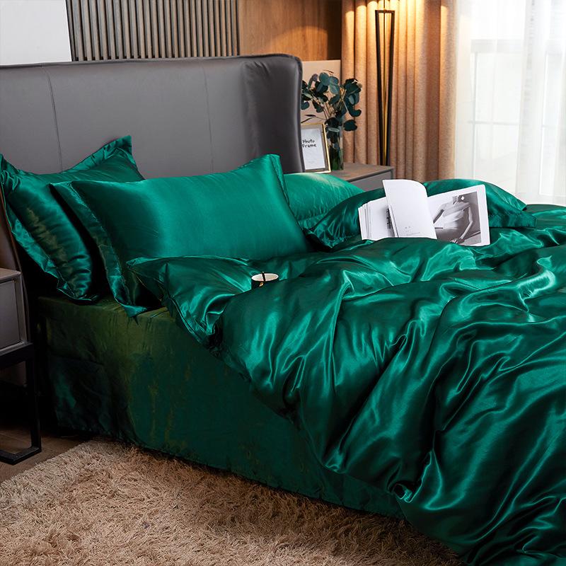 Imitation Silk 4-Piece Bedding Set: Duvet Cover, Fitted Sheet, Smooth Ice Silk Feel