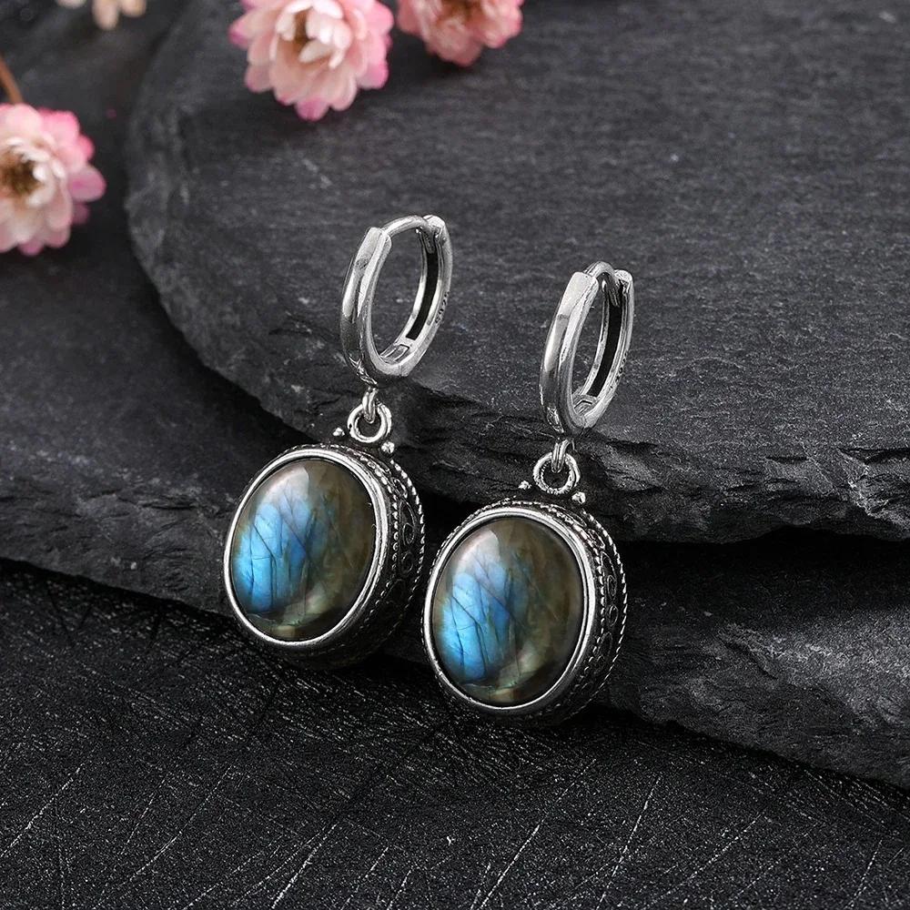 Vintage 925 Silver Natural Labradorite Earrings with Blue Light 10*12mm Big Stone Hoop Earrings Fine Jewelry for Women