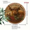 Funny Cow Metal Wall Art - Highland Cow Decor Round Farmhouse Sign, Brown Green Nature Inspired