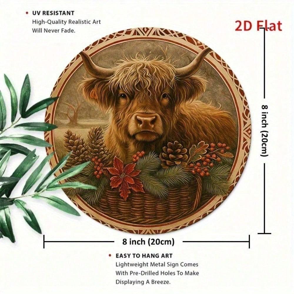 Funny Cow Metal Wall Art - Highland Cow Decor Round Farmhouse Sign, Brown Green Nature Inspired
