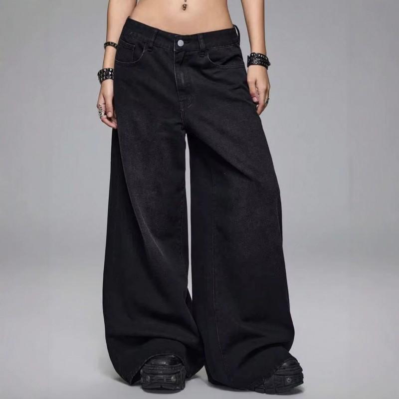 Womens Cross Embroidered Wide Leg Jeans Retro Dark Wash Loose Trousers