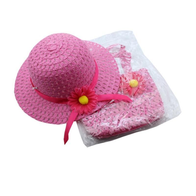 Children Charm Princess Straw Baby Girl Sun Beach Hat Flower Cap & Handbag Lovely Summer