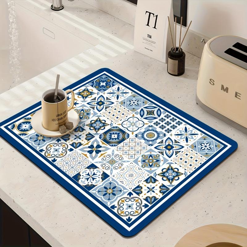 1pc Super Absorbent Dish Drying Mat, Quick Dry Non-Slip Kitchen Sink Mat with Retro Floral Pattern, Waterproof Countertop Pad