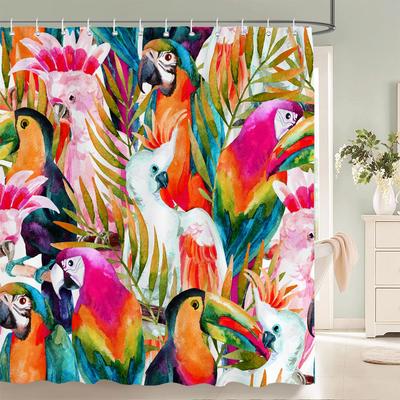 1 Pc Plant Leaves Parrot Birds Patterned Polyester Material Shower Curtain Waterproof Fabric, Home Partition Bathroom Curtain