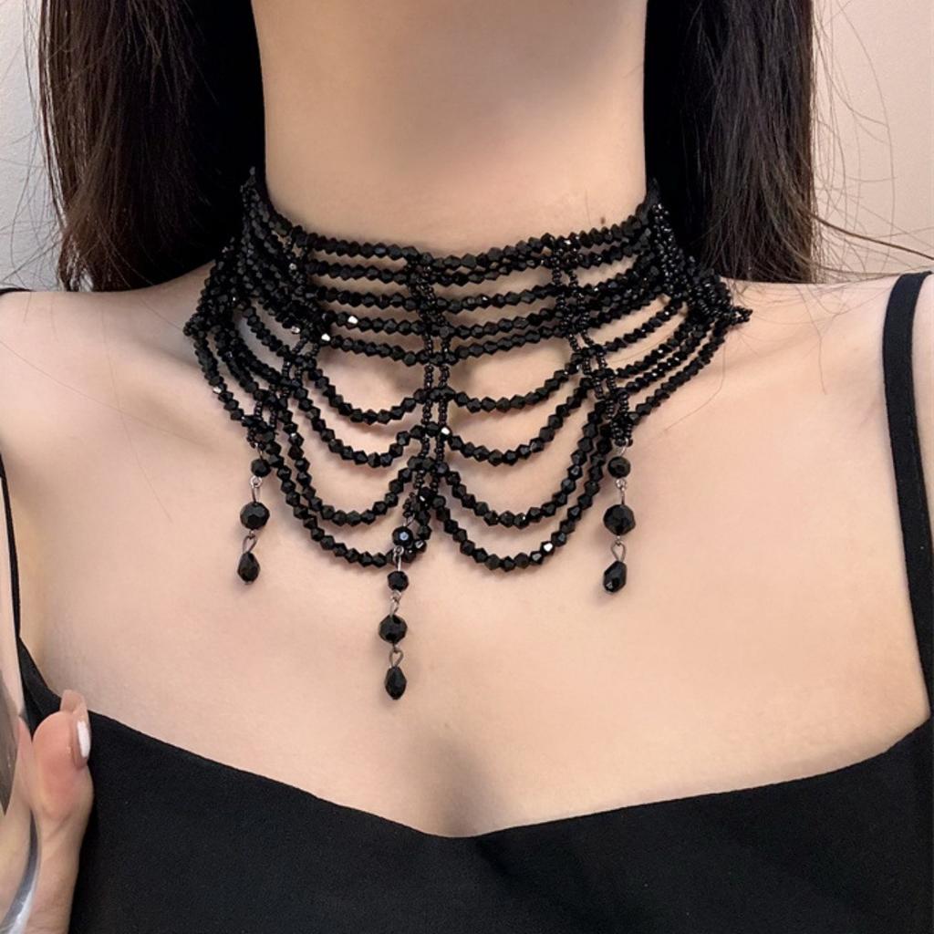 Japanese and Korean dark sweet cool wind gentle personality multi-layer woven imitation crystal rhinestone tassel sticker neck collarbone necklace