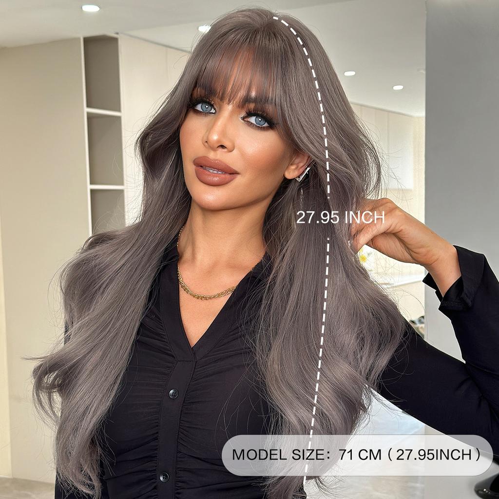 Grau Lila Lange Lockige Perücke für Frauen - Welliger Vollpony Vollkappe, Schnelle Schönheit Hohe Qualität, Natürliches Alltagsstyling