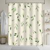 Green Leaves Bath Curtain - Minimalist Serene Design, Realistic Stylized Leaves In Green & Beige, Polyester,  Machine Washable