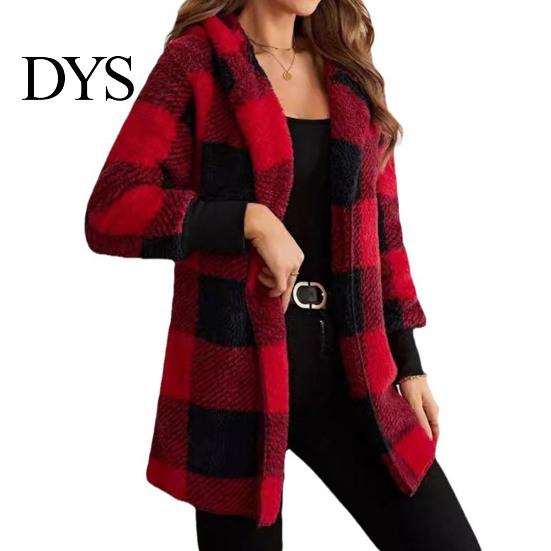 Cardigan Sweater Winter Coat Plaid Print Hooded Thick Windproof Open Stitch Knit Outerwear Mid Length Fuzzy Plush Jacket for School Travel Fall