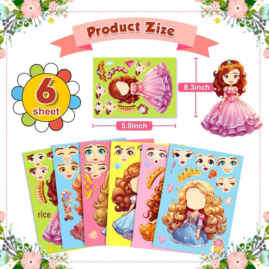 Princess Face Swap Puzzle Stickers: 6-48 Sheets/Pack - Cartoon Make-A-Face Toy