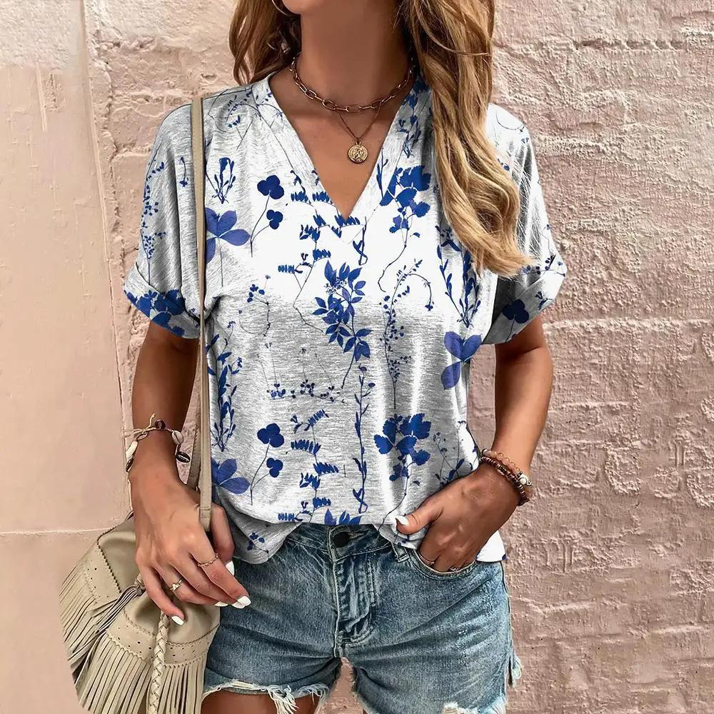 New Leopard Print Colour Blocking T-shirt V-neck Shirt Fashion Women's Tops Summer Clothes Casual and Comfortable