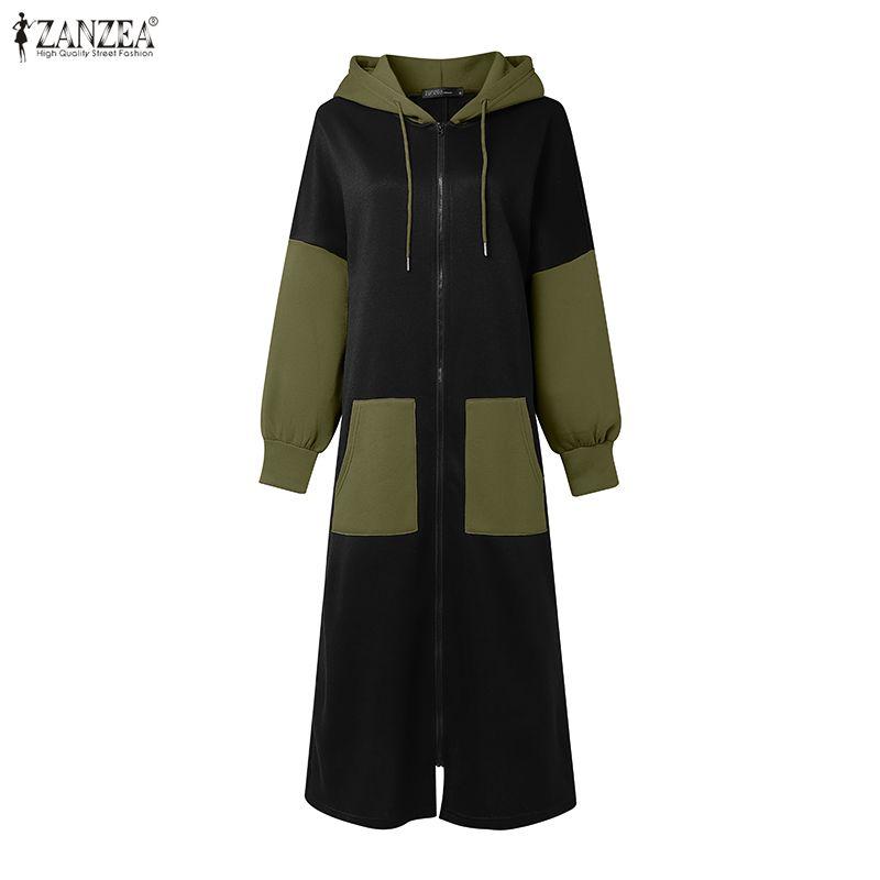 

ZANZEA Women Long Sleeve Casual Patchwork Long Hooded Sweatshirts M зелёный