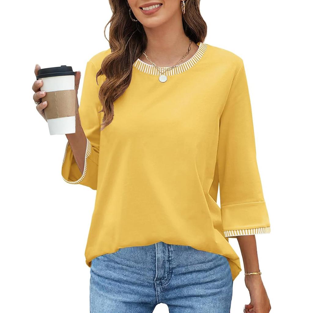 Women's Fashion Loose Round Neck Clashing Colour T-Shirt Seven Sleeve Top