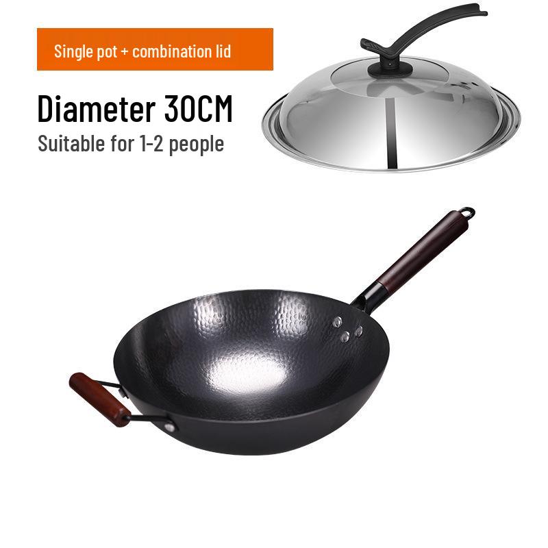 Zhangqiu Hand-Hammered Uncoated Non-Stick Wrought Iron Stir-Fry Wok with Spatula