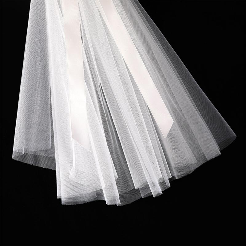 Wedding Veil with Metal Comb Wedding Hair Accessories for Flower Girl 2 Tier Tulle Length 18" Bow Ribbon Embellished