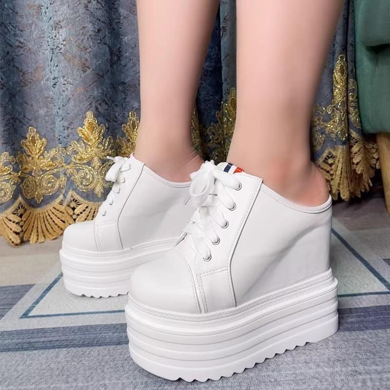 Fashion 14CM Summer new half slippers round toe without heel inside increase women sneakers Breathable canvas Platform Wedge shoes
