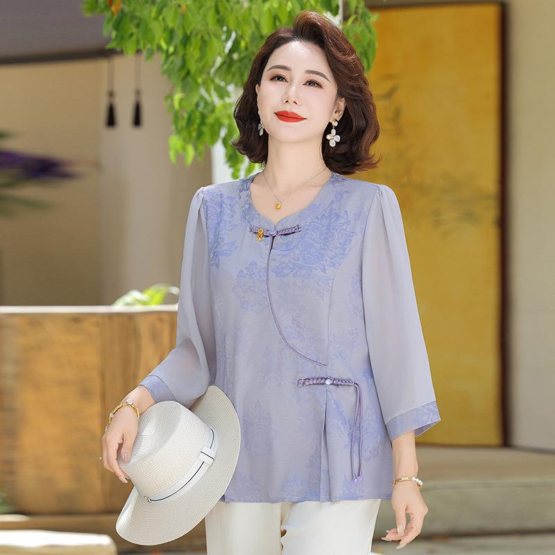 

2026 Summer Chinese Style Shirt for Middle-aged and Elderly Women 3XL (for 120-135 jin)
