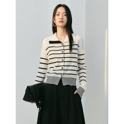 PEACEBIRD Women's Slim-Fit Color-Block Stripe Lapel Knit Sweater
