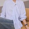 Women's Light Blue Striped Blouse Tie Neck Ruffle Detail Long Sleeve Casual Shirt