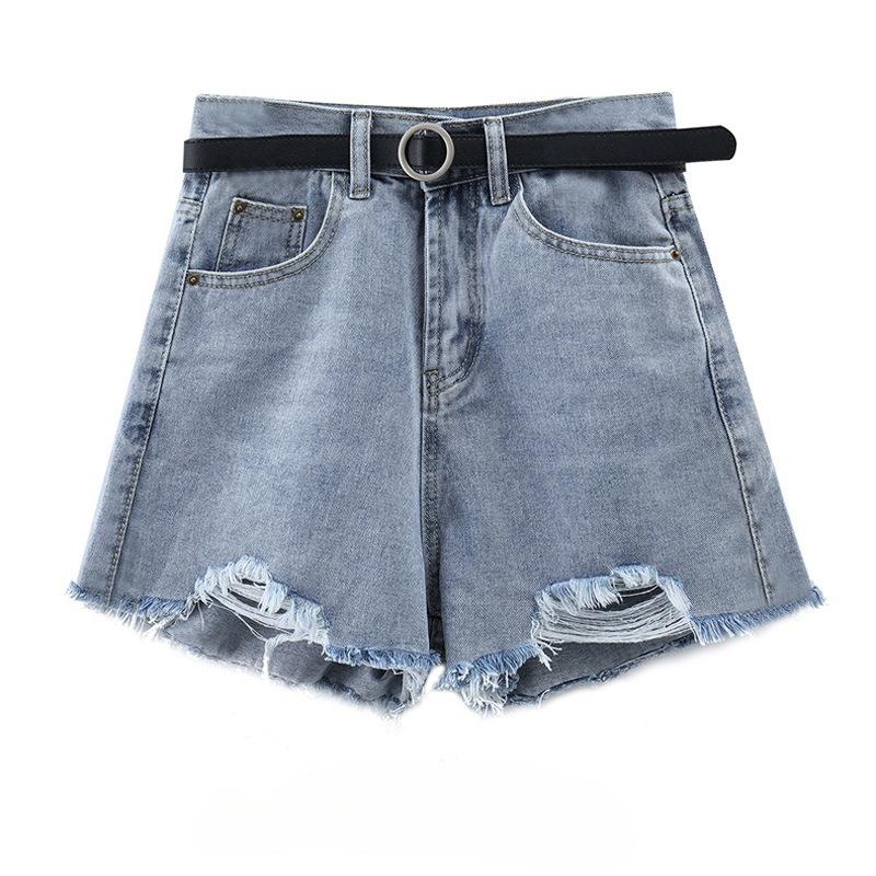 Classic and Minimalist Fashion Versatile Broken Holes Female Summer High Waist Thin Thin Section Loose A-line Denim Shorts Individuality Trendiness