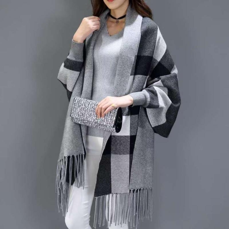 Thick Shawl Women Sweater Plaid Knitted Cardigans for Autumn and Winter Outfits