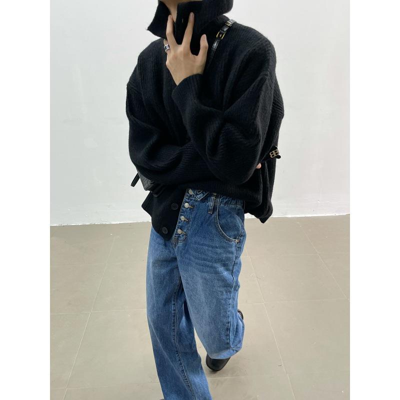 Pánský pletený kardigan s vysokým límcem v jednobarevném provedení - Trendy měkký svetr v korejském stylu