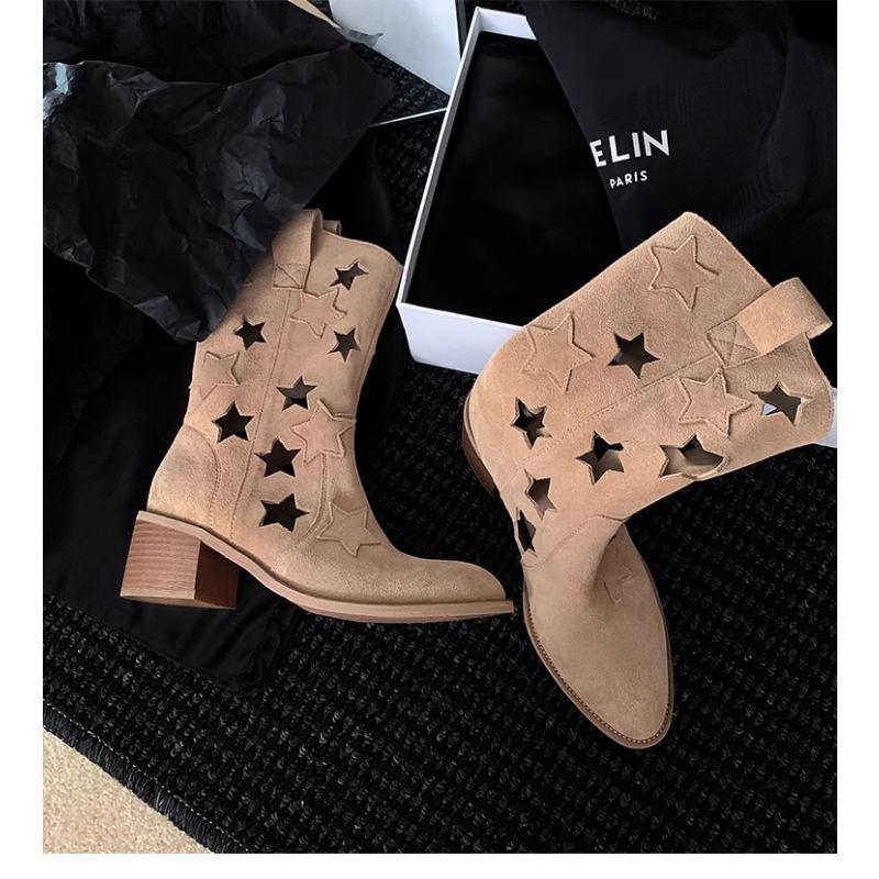 

Полые~ Звездные Ковбойские Сапоги Женские Ранневесенние Сапоги Ветрозащитные Майяр Сапоги с V-образным вырезом Узкие На толстой подошве Сапоги средней высоты 40 абрикосовый