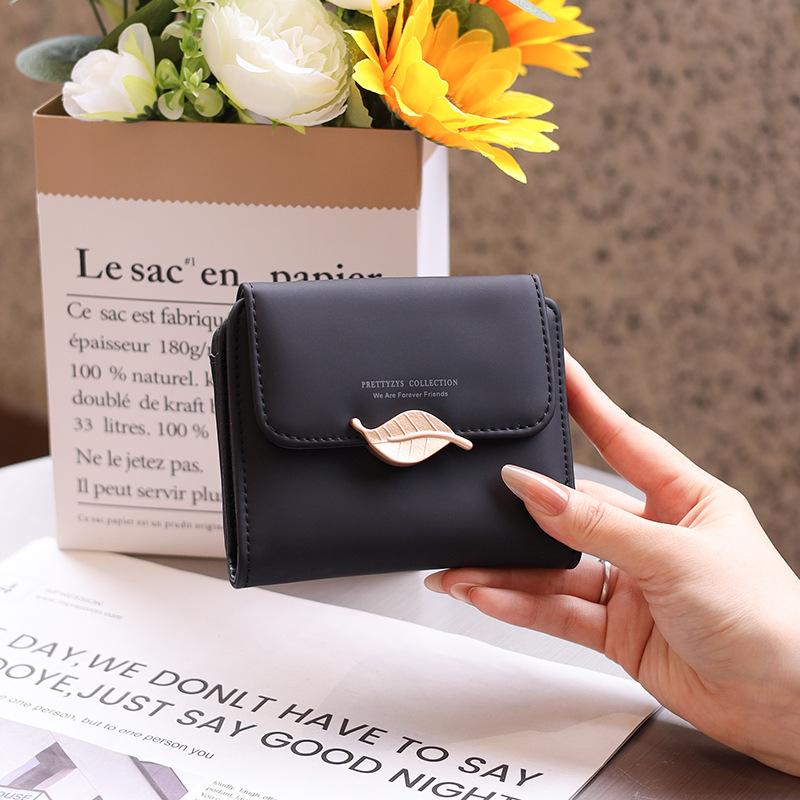 Wallet Women's Short Solid Color Zipper PU Leather Niche Women's Leaf Sub Coin Wallet