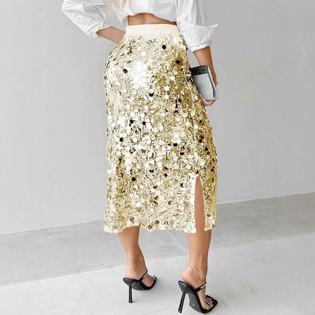 Female Clothing Skirts Women's Fashion Solid Color Elegant High Waist Tight Midi Length Sequined Skirt