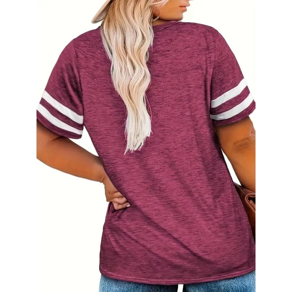 Plus Size Women's Colorblock V Neck T-shirt Summer Short Sleeve Casual Tee Tops