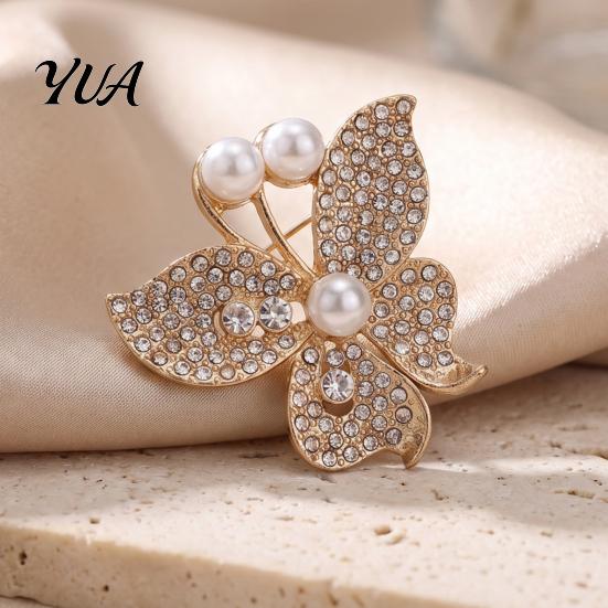 Faux Pearl Butterfly Pin Women Brooch Pin, Shape Lapel with Rhinestones Pearls Rhinestones, Jewelry Accessory for Dresses Coats Jackets Alloy